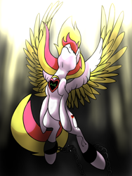 Size: 1500x2000 | Tagged: safe, artist:stereo-of-the-heart, imported from derpibooru, oc, oc only, oc:stereo heart, pegasus, pony, female, mare, shackles, solo, spread wings