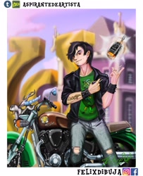 Size: 2417x2983 | Tagged: safe, artist:aspirantedeartista, imported from derpibooru, discord, human, alcohol, canterlot high, clothes, humanized, jack daniels, magic, male, motorcycle, pants, punk, solo, torn clothes, whiskey