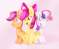 Size: 1939x1615 | Tagged: safe, artist:dusthiel, imported from derpibooru, apple bloom, scootaloo, sweetie belle, pony, bow, cute, cutie mark crusaders, hair bow, sitting, smiling, trio, underhoof