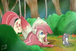 Size: 4808x3203 | Tagged: safe, artist:l-pastellepink-l, imported from derpibooru, oc, oc only, oc:pastelle, pegasus, pony, rabbit, absurd resolution, animal, book, female, forest, mare, mouth hold, pencil, solo, tree