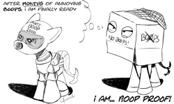 Size: 1499x899 | Tagged: safe, artist:chopsticks, imported from derpibooru, oc, oc only, oc:chopsticks, pegasus, pony, armor, boop, cardboard box, clothes, hat, male, monochrome, solo, stallion, text, visor