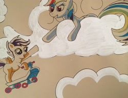 Size: 3585x2744 | Tagged: safe, artist:stammis, imported from derpibooru, rainbow dash, scootaloo, cloud, cute, cutealoo, high res, scootaloo can fly, scooter, traditional art