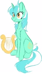 Size: 1240x2160 | Tagged: safe, artist:vincher, imported from derpibooru, lyra heartstrings, pony, unicorn, chest fluff, female, lyre, musical instrument, simple background, sitting, smiling, solo, white background