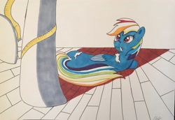 Size: 3738x2576 | Tagged: safe, artist:stammis, imported from derpibooru, rainbow dash, rarity, pony, and then there's rarity, eating, fabric, high res, measuring tape, prone, shadow, this will end in fashion, this will not end well, traditional art