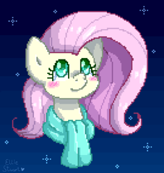 Size: 836x885 | Tagged: safe, artist:pony-ellie-stuart, imported from derpibooru, fluttershy, blushing, clothes, female, looking up, pixel art, scarf, smiling, solo