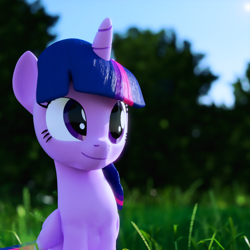 Size: 1080x1080 | Tagged: safe, artist:galawaille, imported from derpibooru, twilight sparkle, alicorn, pony, 3d, blender, cute, female, forest, grass, sitting, smiling, solo, twiabetes, twilight sparkle (alicorn)