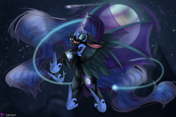 Size: 6000x4000 | Tagged: safe, artist:midnight-auralipse, imported from derpibooru, nightmare moon, alicorn, pony, absurd resolution, chest fluff, female, floppy ears, flying, moon, solo