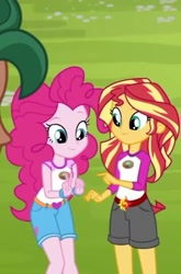 Size: 317x480 | Tagged: safe, imported from derpibooru, screencap, pinkie pie, sunset shimmer, timber spruce, equestria girls, legend of everfree, balloon, bracelet, camp everfree outfits, clothes, heart, jewelry, shorts, smiling, sun