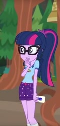 Size: 229x480 | Tagged: safe, imported from derpibooru, screencap, sci-twi, twilight sparkle, equestria girls, legend of everfree, camp everfree outfits, clothes, cropped, female, glasses, shorts, smiling, socks, solo