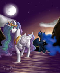 Size: 2480x3000 | Tagged: safe, artist:dreamyartcosplay, imported from derpibooru, princess celestia, princess luna, alicorn, pony, cloud, crepuscular rays, droplet, moon, mountain, raised hoof, royal sisters, spread wings, stars, sunset, twilight (astronomy), water