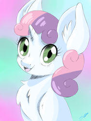 Size: 1200x1600 | Tagged: safe, artist:faline-art, imported from derpibooru, sweetie belle, pony, unicorn, bust, chest fluff, female, filly, portrait, smiling, solo