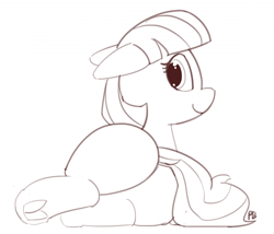 Size: 1280x1096 | Tagged: safe, artist:pabbley, imported from derpibooru, coco pommel, earth pony, pony, 30 minute art challenge, butt, dock, female, frog (hoof), hoofbutt, lineart, looking back, missing accessory, monochrome, plot, prone, rear view, solo, underhoof