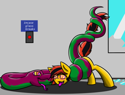 Size: 1280x977 | Tagged: safe, artist:askhypnoswirl, imported from derpibooru, oc, oc only, oc:southern belle, snake, broken glass, button, kaa eyes, mind control, swirly eyes, tongue out