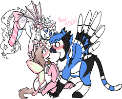 Size: 860x701 | Tagged: safe, artist:askponyren, imported from derpibooru, oc, oc only, oc:pastel princess, oc:raven tail, oc:sleepy dust, bird, blue jay, griffon, hippogriff, mothpony, original species, antennae, bluejay griffon, blushing, bow, bridle, clothes, feathered ears, female, flying, griffon oc, hairpin, harness, heart eyes, lace, long tail, mare, moth antenna, now kiss, oc x oc, shipping, short tail, simple background, small wings, stars, stockings, tack, tail bow, thigh highs, transparent background, unibat, unshorn fetlocks, wingding eyes, writing