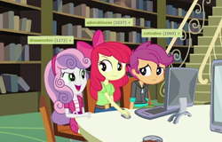 Size: 826x528 | Tagged: safe, edit, edited screencap, imported from derpibooru, screencap, apple bloom, scootaloo, sweetie belle, derpibooru, equestria girls, equestria girls (movie), computer, cutie mark crusaders, meta, tag census