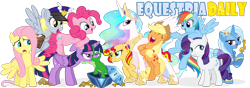 Size: 1000x350 | Tagged: safe, imported from derpibooru, applejack, derpy hooves, fluttershy, gummy, pinkie pie, princess celestia, rainbow dash, rarity, sunset shimmer, trixie, twilight sparkle, alicorn, earth pony, pegasus, pony, unicorn, equestria daily, clothes, equestria girls outfit, keys of harmony, mailmare, mane six, twilight sparkle (alicorn)