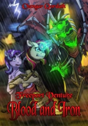 Size: 722x1024 | Tagged: safe, artist:inuhoshi-to-darkpen, imported from derpibooru, starlight glimmer, sunset shimmer, oc, oc:rising fire, lich, pony, undead, unicorn, the freeport venture, winningverse, cover art, fanfic, fanfic art, fight, fire, glowing horn, green fire, lightning, rain, raised hoof, rearing, unshorn fetlocks