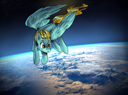 Size: 1512x1118 | Tagged: safe, artist:not-ordinary-pony, imported from derpibooru, lightning dust, pegasus, pony, earth, female, floating, mare, planet, solo, space