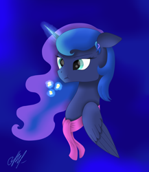 Size: 3340x3855 | Tagged: safe, artist:purplestar01, imported from derpibooru, princess luna, alicorn, pony, clothes, female, food, glowing horn, mare, popcorn, scarf, solo