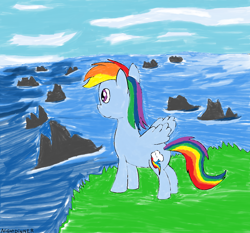 Size: 1260x1176 | Tagged: safe, artist:amateur-draw, imported from derpibooru, rainbow dash, 1000 hours in ms paint, cliff, ms paint, ocean, scenery