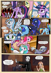 Size: 1355x1920 | Tagged: safe, artist:pencils, imported from derpibooru, fluttershy, limestone pie, pinkie pie, princess celestia, princess luna, rainbow dash, twilight sparkle, oc, oc:anon, oc:mascara maroon, oc:sky shatter, alicorn, earth pony, human, pegasus, pony, satyr, comic:anon's pie adventure, armor, cloak, clothes, comic, crown, cult, dialogue, dock, door, female, floppy ears, hood, human male, jewelry, male, mare, necklace, regalia, speech bubble, stallion, tanktop, twilight sparkle (alicorn)