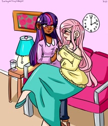 Size: 2400x2799 | Tagged: safe, artist:mylittleyuri, imported from derpibooru, fluttershy, twilight sparkle, human, clothes, dark skin, female, humanized, lamp, lesbian, long skirt, looking at each other, off shoulder, shipping, skirt, sweater, sweatershy, twishy