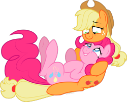 Size: 1605x1300 | Tagged: safe, artist:storfulsten, imported from derpibooru, applejack, pinkie pie, pony, applepie, cuddling, eye contact, female, lesbian, looking at each other, shipping, simple background, transparent background