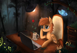 Size: 1500x1021 | Tagged: safe, artist:atlas-66, imported from derpibooru, oc, oc only, oc:atlas, butterfly, pegasus, pony, computer, computer mouse, cup, flower, forest, laptop computer, rain, rose, sad, scenery, solo