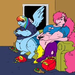 Size: 1280x1280 | Tagged: safe, artist:amelia-s-cooper, artist:min, imported from derpibooru, pinkie pie, rainbow dash, anthro, earth pony, pegasus, apple juice, belly, belly button, belly piercing, bellyring, big belly, big breasts, bottle, breasts, busty pinkie pie, chips, clothes, colored, controller, couch, dork, duo, ear piercing, fat, female, food, freckles, gamer dash, gamer pinkie, gamerdash, gaming, glasses, injured wing, juice, lip piercing, mismatched socks, morbidly obese, obese, piercing, piggy pie, pudgy pie, punk, punkie pie, rainblob dash, rainbow dork, shirt, shorts, skirt, socks, story in the comments, thigh highs, torn clothes