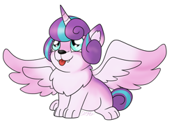 Size: 1024x768 | Tagged: safe, artist:usagi-zakura, imported from derpibooru, princess flurry heart, alicorn, dog, wolf, :3, :p, chest fluff, cute, ear fluff, fangs, female, flurrybetes, horn, looking up, my little wolf, puppy, simple background, sitting, smiling, solo, species swap, spread wings, tongue out, white background, wings, wolfified