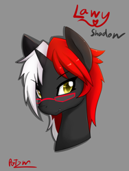 Size: 3000x4000 | Tagged: safe, artist:potzm, imported from derpibooru, oc, oc only, oc:lawyshadow, bust, cute, edgy, fangs, gray background, red and black oc, simple background, solo