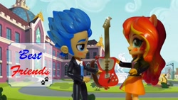 Size: 1280x720 | Tagged: safe, artist:whatthehell!?, imported from derpibooru, flash sentry, sunset shimmer, equestria girls, canterlot high, doll, equestria girls minis, female, flashimmer, guitar, male, school, shipping, straight, toy