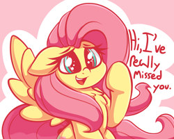 Size: 1720x1378 | Tagged: safe, artist:graphene, imported from derpibooru, fluttershy, pegasus, pony, cute, dialogue, female, looking at you, mare, open mouth, shyabetes, smiling, solo