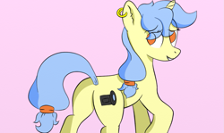 Size: 1159x689 | Tagged: safe, artist:leapingriver, imported from derpibooru, oc, oc only, oc:viewing pleasure, pony, unicorn, butt, like what you see?, looking back, no pupils, pink background, plot, ponytail, raised eyebrow, raised hoof, simple background, smiling, solo