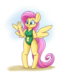 Size: 1500x1800 | Tagged: safe, artist:heir-of-rick, imported from derpibooru, fluttershy, anthro, unguligrade anthro, belly button, clothes, cute, female, hello, navel cutout, one-piece swimsuit, shyabetes, solo, swimsuit, waving