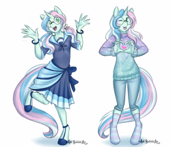 Size: 3511x3000 | Tagged: safe, artist:askbubblelee, imported from derpibooru, oc, oc only, oc:wish list, anthro, unguligrade anthro, unicorn, anthro oc, art trade, clothes, cute, dress, female, glasses, heart, jazz hands, looking at you, mare, multicolored hair, ocbetes, pants, self ponidox, simple background, smiling, socks, striped socks, sweater, white background