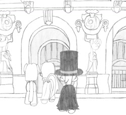 Size: 1267x1153 | Tagged: safe, artist:dsb71013, imported from derpibooru, oc, oc only, oc:amber spark, oc:night cap, oc:static signal, cape, clothes, comic, hat, monochrome, statue, top hat