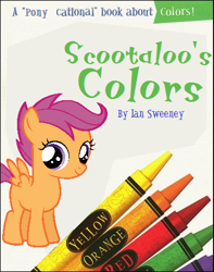 Size: 374x475 | Tagged: artist needed, safe, artist:ian sweeney, edit, imported from derpibooru, scootaloo, pegasus, pony, book, crayon, female, filly, parody, ponytales, simple background, smiling, solo, spread wings, veggietales, white background, wings