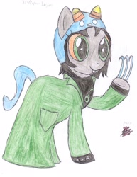 Size: 2550x3300 | Tagged: safe, artist:aridne, imported from derpibooru, pony, claws, clothes, coat, colored pencil drawing, fake tail, female, homestuck, mare, nepeta leijon, ponified, solo, traditional art, troll, troll (homestuck)