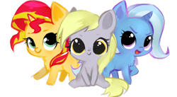 Size: 800x438 | Tagged: safe, artist:millioncookies, imported from derpibooru, derpy hooves, sunset shimmer, trixie, pegasus, pony, unicorn, chibi, cute, derpabetes, diatrixes, female, filly, filly derpy, filly sunset shimmer, filly trixie, millioncookies is trying to murder us, shimmerbetes, simple background, transparent background, trio, younger