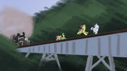 Size: 960x540 | Tagged: artist needed, source needed, safe, imported from derpibooru, apple bloom, scootaloo, sweetie belle, oc, oc:filly anon, earth pony, pegasus, pony, unicorn, bridge, cutie mark crusaders, female, filly, stand by me (film), this will end in tears and/or death and/or covered in tree sap, train