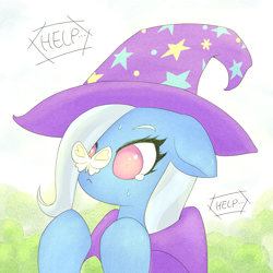 Size: 1791x1791 | Tagged: safe, artist:sigpi, imported from derpibooru, trixie, butterfly, pony, unicorn, :<, adorable distress, bust, butterfly on nose, cape, clothes, crying, cute, dialogue, diatrixes, female, floppy ears, hat, heart, help, insect on nose, mare, nervous, portrait, scared, soft color, solo, speech bubble, sweat, trixie's cape, trixie's hat