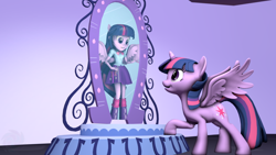 Size: 1024x576 | Tagged: safe, artist:neon-ns, imported from derpibooru, twilight sparkle, alicorn, pony, equestria girls, 3d, clothes, duality, human ponidox, leg warmers, magic mirror, ponied up, scene interpretation, self paradox, self ponidox, skirt, source filmmaker, twilight sparkle (alicorn)