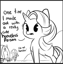 Size: 851x863 | Tagged: safe, artist:tjpones, imported from derpibooru, starlight glimmer, trixie, pony, unicorn, black and white, confession, dialogue, female, grayscale, homeless, lesbian, missing cutie mark, monochrome, pony confession, poor, shipping, startrix, trixie is poor, trixie's wagon