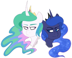 Size: 2995x2380 | Tagged: safe, artist:illustrativeauthor, imported from derpibooru, princess celestia, princess luna, alicorn, pony, bust, female, grumpy, looking at each other, mare, portrait