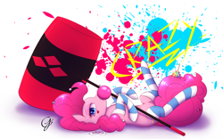 Size: 1920x1200 | Tagged: safe, artist:laptop-pone, imported from derpibooru, pinkie pie, earth pony, pony, belly button, bubblegum, clothes, crossover, female, food, gum, hammer, harley quinn, heart, heart eyes, mallet, on back, sign, socks, solo, striped socks