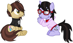 Size: 1752x1042 | Tagged: safe, artist:lightningbolt, derpibooru exclusive, imported from derpibooru, earth pony, pony, unicorn, .svg available, brendon urie, casual, clothes, confused, duo, hoodie, hoof hold, male, microphone, panic! at the disco, ponified, puffy cheeks, ryan ross, shirt, shocked, show accurate, simple background, sitting, stallion, svg, t-shirt, transparent background, vector