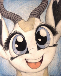 Size: 1040x1300 | Tagged: safe, artist:thefriendlyelephant, imported from derpibooru, oc, oc only, oc:mmiri, antelope, springbok, animal in mlp form, big ears, big eyes, bust, close-up, cute, happy, horns, portrait, smiling, solo, traditional art