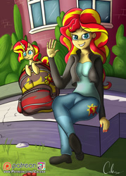 Size: 1476x2066 | Tagged: safe, artist:calena, imported from derpibooru, sunset shimmer, pony, unicorn, equestria girls, backpack, canterlot high, chest fluff, clothes, female, human ponidox, jacket, mare, plushie, self plushidox, self ponidox, shoes, sitting, solo