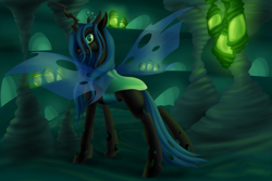 Size: 1600x1067 | Tagged: safe, artist:mythpony, imported from derpibooru, queen chrysalis, changeling, changeling queen, changeling hive, cocoon, crown, fangs, female, jewelry, looking at you, looking back, looking back at you, regalia, slit eyes, slit pupils, solo, standing, transparent wings, wings